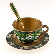 Soviética Ruso Dorado 916 Plata Esmalte Cloissone Té Taza,Plato,Y Cuchara 1950s - $888.78