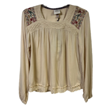 Knox Rose Womens Peasant Blouse Beige Long Sleeve Lace Embroidered Boho XS New - £19.73 GBP