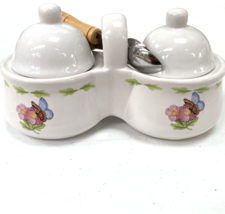 Hallmark Ceramic Condiment Set Sugar Lids Spoons 31832 Butterfly Flowers Tea - £11.61 GBP