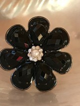 Estate Very Large Faceted Black Teardrop Cab w Center Clear Rhinestones &amp; Faux - £8.35 GBP