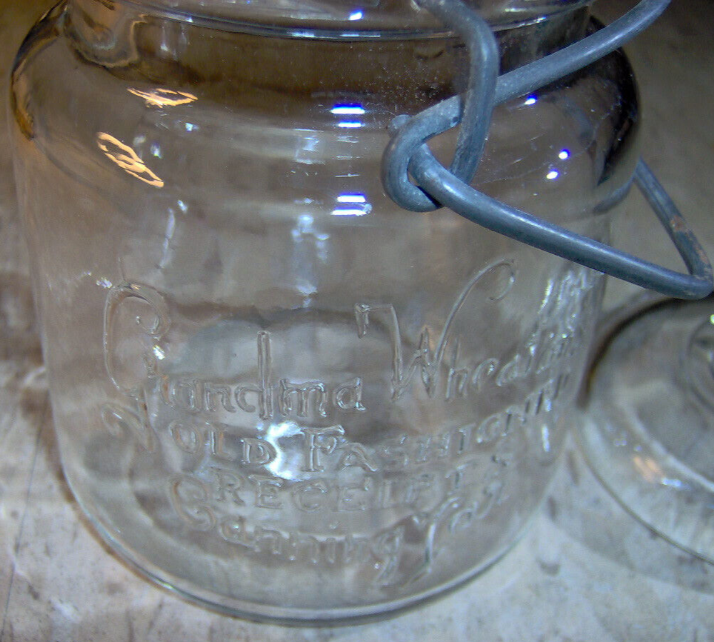 Grandma Wheaton's OLD FASHIONED RECEIPTS Clear 1 Pint Canning Jar Bail Wire Top - £45.46 GBP