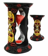 DOD Tribal Tattoo Yellow Sugar Skulls With Red Roses Black Sand Timer Statue - £23.17 GBP