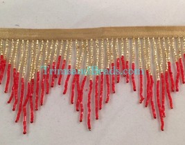 3&quot; GOLD/RED Glass Bugle Bead Chevron Ombre Beaded Fringe Trim Variegated Lamp - £11.05 GBP