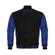Letterman Varsity Bomber Baseball Jacket Black Body &amp; Blue Leather Sleeves - £90.45 GBP