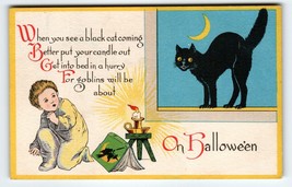 Halloween Postcard Black Cat Crescent Moon Boy Candle Stick Magic Book Witch 27 - £43.25 GBP