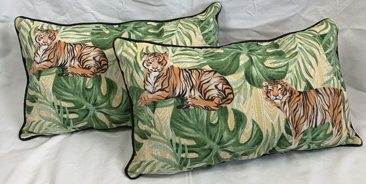 2 Allen + Roth Tiger Jungle Print Outdoor Pillows Green Foliage 23" x 13" - $49.45