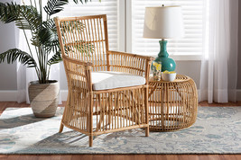 Bardot White Fabric Upholstered and Natural Brown Rattan Armchair - $9,929.86 MXN