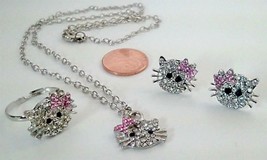 Hello Kitty Jewelry Pink Tie kids Silver Chain Multi-Stone Pendant Stud &amp; Ring - £9.40 GBP