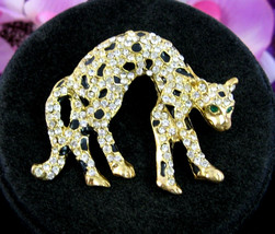 Leopard Rhinestone Pin Vintage Jaguar Brooch Black Enamel Wild Cat Usa 059 - £17.89 GBP