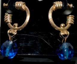 Vintage OOAK Blue Faceted Bead Drop Gold Open Hoop - $11.00