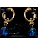 Vintage OOAK Blue Faceted Bead Drop Gold Open Hoop - £8.84 GBP