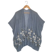 Kimono Womens OS Floral Chambray Embroidered Open Cardigan Drape Dolman Blue - $24.74