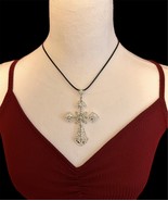 Gothic Cross Necklace Black String Rope Victorian Retro Vintage Silver New - $18.79