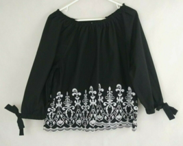 Time And True Womans 3/4 Sleeve Black Boho Blouse With White Embroidery Sz M - £10.07 GBP