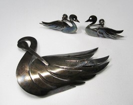 Estate Vintage Sterling Silver Swan Brooch &amp; Earrings Set C1489 - £22.34 GBP