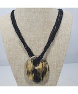 Vintage Statement Necklace 22 Inch Black Seed Bead + 2.5 Inch Pendant - $39.76 CAD