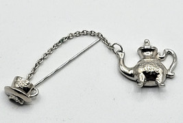 Avon Tea Pot &amp; Cup Stick Pin Brooch Silver-tone with Chain  3&quot; - £15.38 GBP