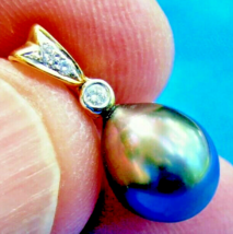 South Sea Pearl Black Tahitian Drop Pendant Natural Diamond 14k White Gold Charm - $2,583.08 CAD