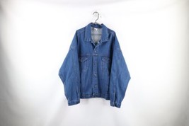 Vintage 90s Streetwear Mens 2XL Faded Guitar Denim Jean Trucker Jacket Blue USA - £61.98 GBP