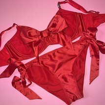 Victoria&#39;s Secret 34D,34DD,34DDD,36C,36D BRA SET M side-tie panty RED BOW satin - £55.31 GBP