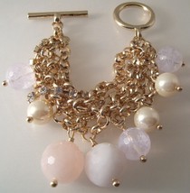 Bracelet J Crew Gold Chains Rhinestones Pearls Pink Beads  - £17.22 GBP