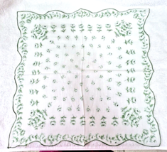 Vintage Hankie Sweet Tiny Green on White Chrysanthemum Flowers Scalloped 14 Inch - $9.89