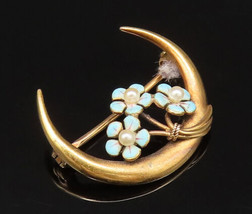 14K GOLD - Vintage Antique Enamel Flowers &amp; Fresh Water Pearls Brooch Pin- GB170 - £175.45 GBP