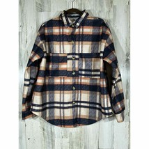 Betianro Womens Flannel Shirt Jacket Shacket Medium Navy Peach Cream Plaid - £23.60 GBP