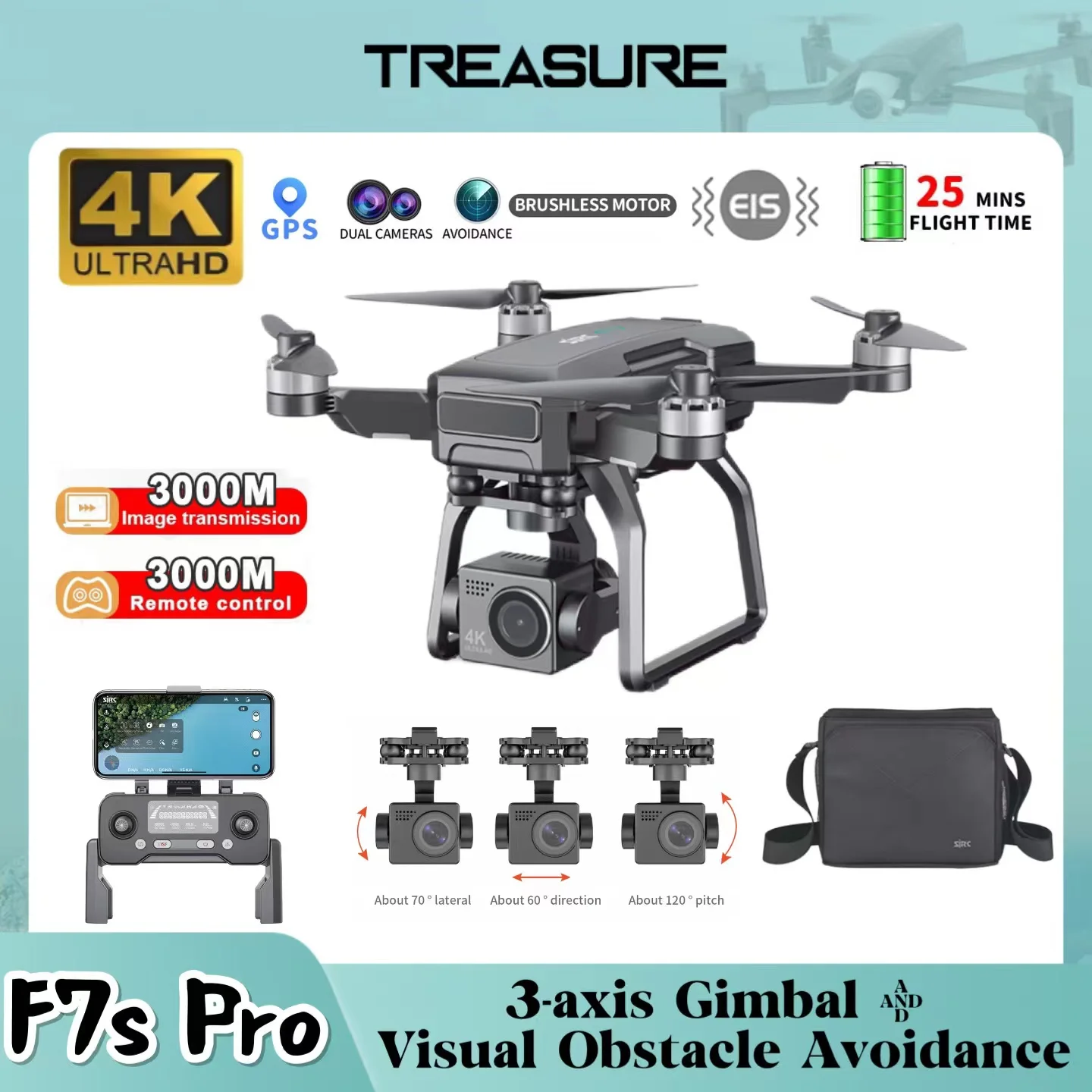 F7 / F7S 4K PRO Drone Professional HD Camera With 3-Axis Gimbal Aeri - £271.21 GBP+