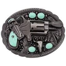 Silver Metal Men Western Belt Buckle Revolver Pistol Gun Feather Bull Tu... - $140.10 MXN