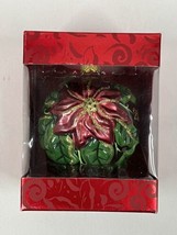 2000 Y2K Dillards Hand Painted Christmas Poinsettia Glass Ball Ornament in Box - $8.60