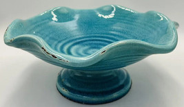 Compote Bowl Pedestal Distressed Turquoise Blue Farmhouse Candy Dish Art Pottery - £31.43 GBP