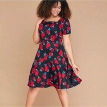 Lane Bryant Fit &amp; Flare Dress Womens Size 20 Black Red Rose Print Square Neck Re - £20.87 GBP