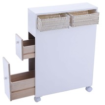 White Bathroom Storage Floor Cabinet with Baskets and Casters - £221.49 GBP