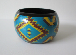 Vintage Wood Chunky 2&quot; wide Cuff Bangle Bracelet Turquoise Yellow Aztec - £9.64 GBP