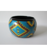Vintage Wood Chunky 2&quot; wide Cuff Bangle Bracelet Turquoise Yellow Aztec - $16.17 CAD