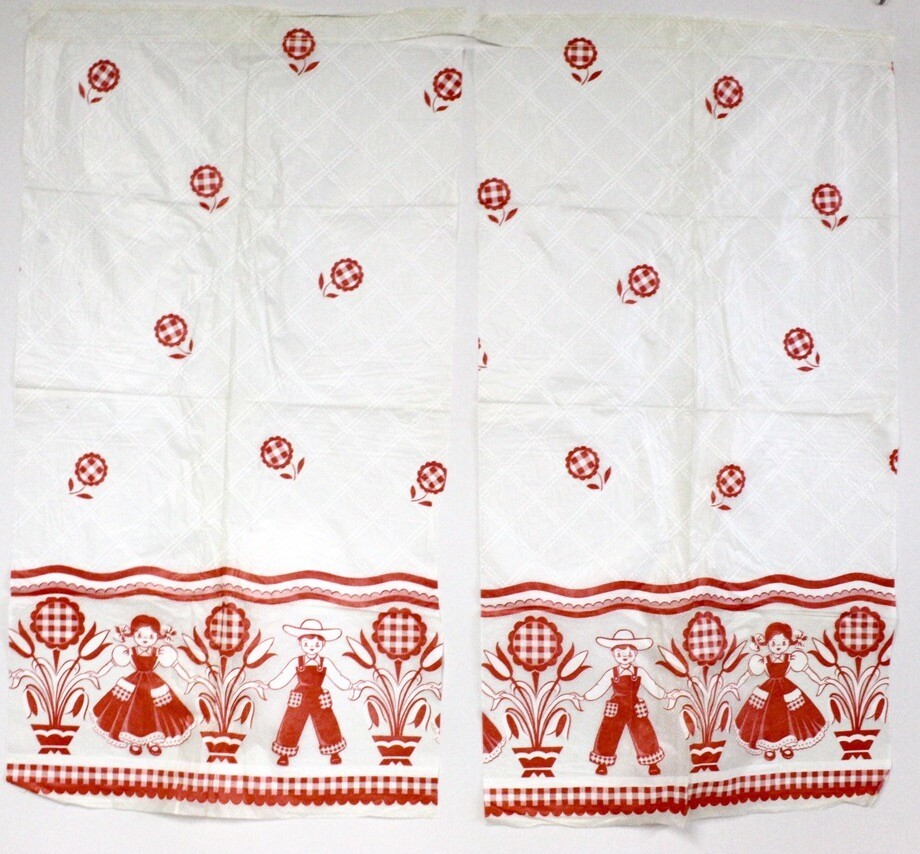 3 Vtg 40s 50s Plastic Window Curtains MCM  50x44 Farmer Kids  Red White Gingham Item image 4