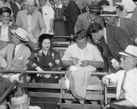 Babe Ruth autographs baseball at All-Star game at Griffith Stadium Photo Print - £6.91 GBP+