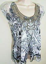 Apt. 9 Sequin Embroidered Sublimation Scoop Neck Top Sheer Sleeves Gray ... - £5.50 GBP