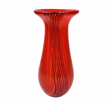 Vintage Art Glass Vase Red Orange &amp; Black Stripe Swirl Design Hand Blown 10&quot; - £39.53 GBP