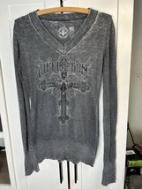 Affliction Women’s Studded Cross T Shirt Embellished Long Sleeve Grey XL - £24.03 GBP