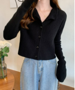 Buttoned Polo-Collar Cardigan in Black - $34.99