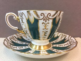 Footed Cup &amp; Saucer by Tuscan Fine Bone China Dark Green with Gold Desig... - $40.38