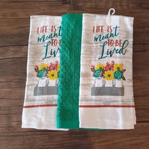 Kitchen Towels, set of 3, Green Spring Flowers, Life is Meant to be Lived image 1
