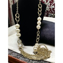 Vintage Chain Link Necklace Light Gold Tone Faux Pearl Beads Chunky Multi - £18.07 GBP
