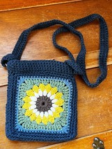 Handmade Cute Blue Crocheted w Yellow Sunflower Granny Square Shoulder B... - $11.29