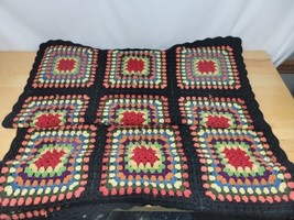 Vintage Black Afghan Crochet Granny Square Lap Blanket Quilt Handmade 70x32 - £31.96 GBP