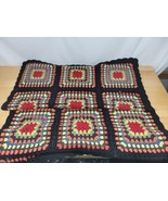 Vintage Black Afghan Crochet Granny Square Lap Blanket Quilt Handmade 70x32 - £31.37 GBP