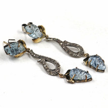 Natural Blue Aquamarine Carved Diamond 18K Gold 925 Silver Victorian Earring - £227.29 GBP