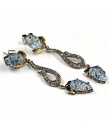 Natural Blue Aquamarine Carved Diamond 18K Gold 925 Silver Victorian Ear... - £227.81 GBP